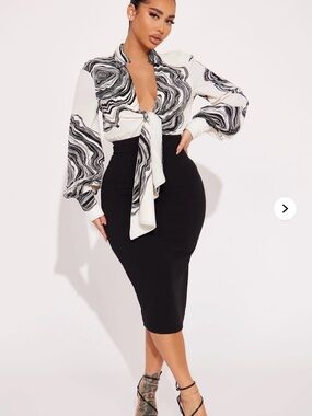 Fashion Nova Black and White Marble Tie-Front Blouse Dress
